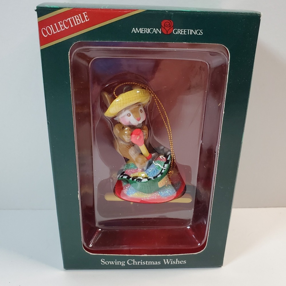 Vtg American Greetings Sowing Christmas Wishes Mouse Ornament w/Box Gardening